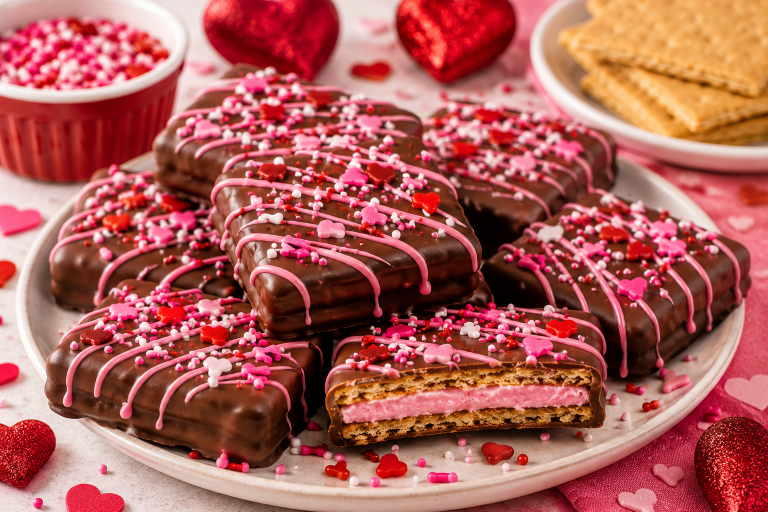 Chocolate-covered Valentine graham cracker sandwiches with pink, white and heart sprinkles