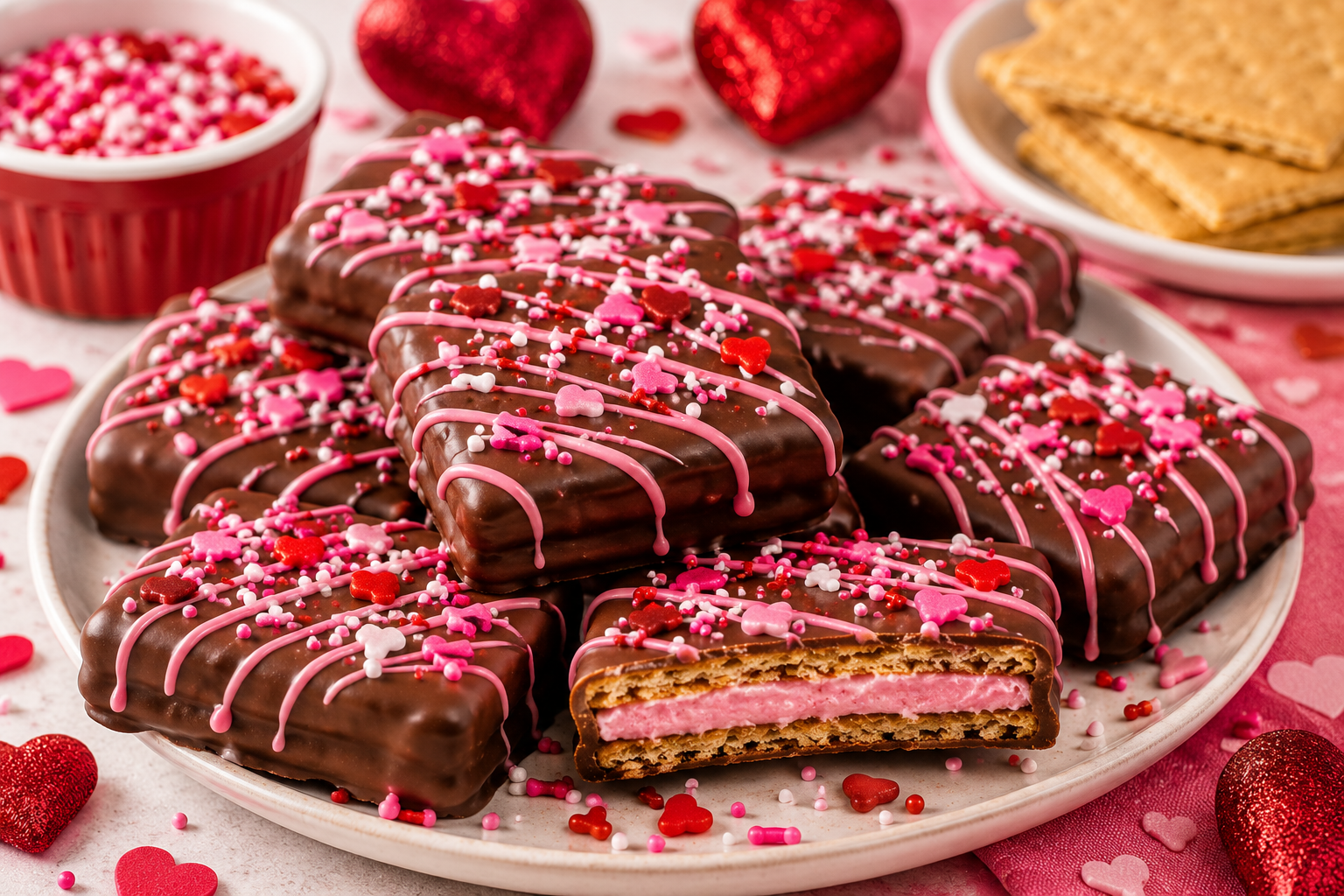 Chocolate-covered Valentine graham cracker sandwiches with pink, white and heart sprinkles