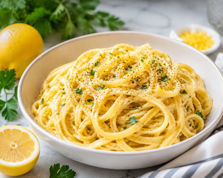 Homemade lemon pepper pasta with fresh pasta noodles, lemon and black pepper