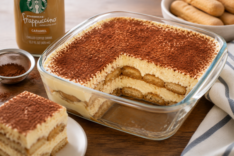 Quick and easy tiramisu with vanilla pudding and caramel coffee