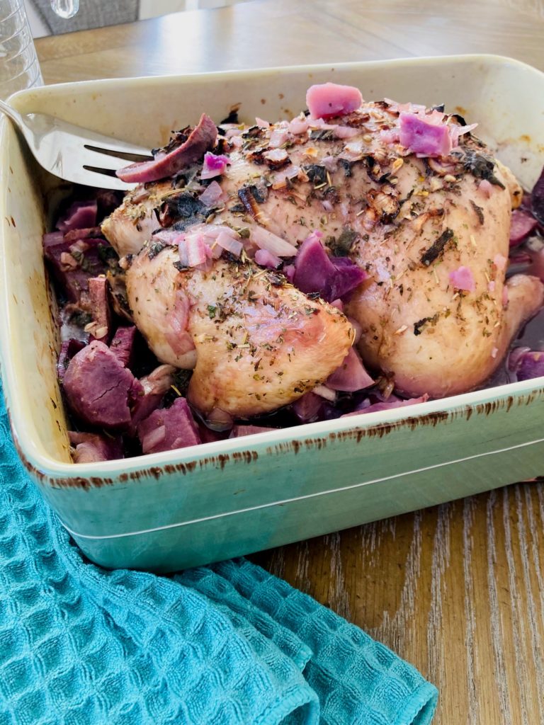 Del’s Roasted Chicken With Purple Sweet Potatoes 