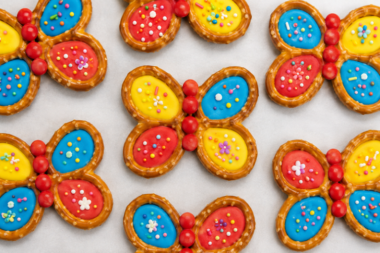 Sweet and salty butterfly pretzel treats with candy melts
